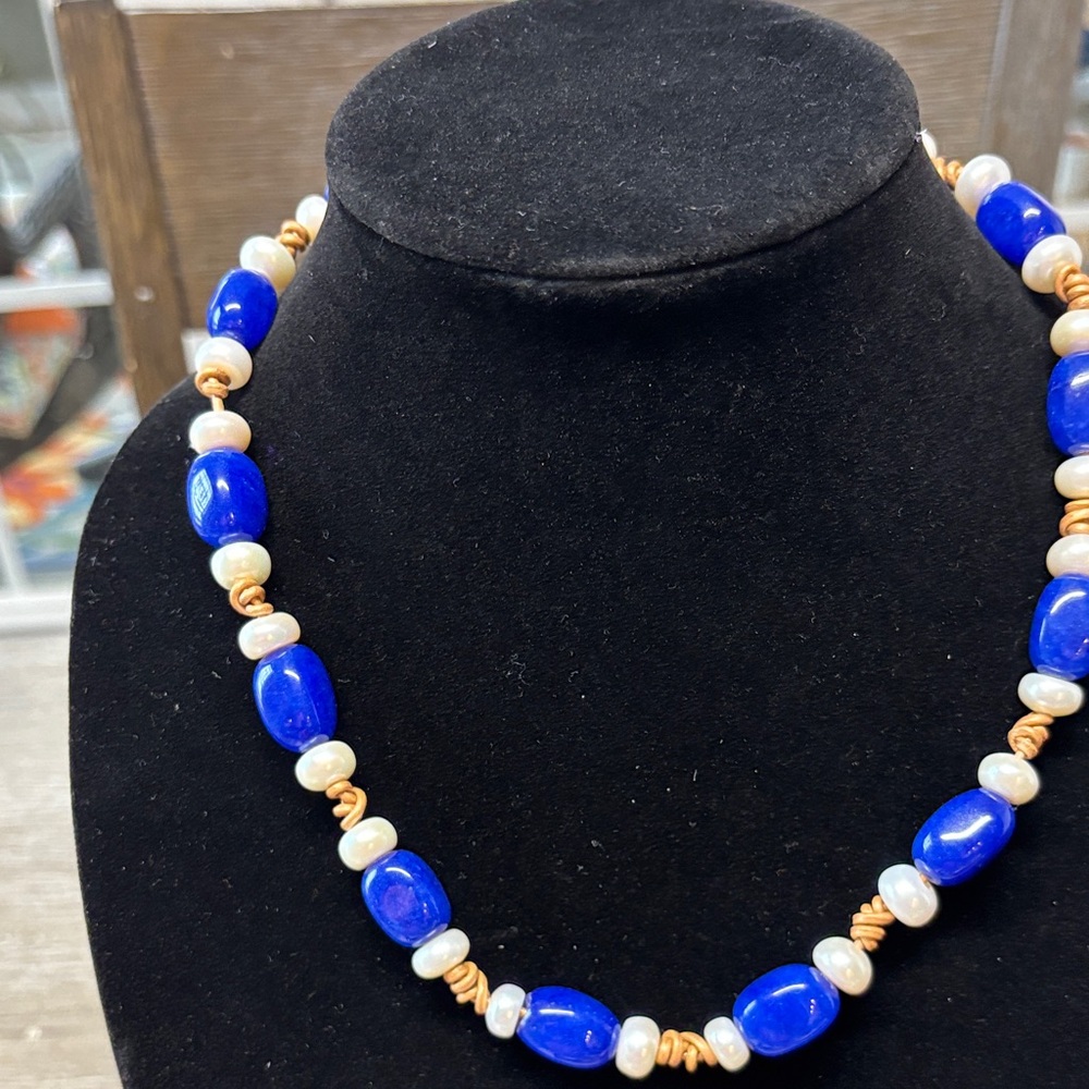 Blue Jade and Freshwater  Pearl Necklace